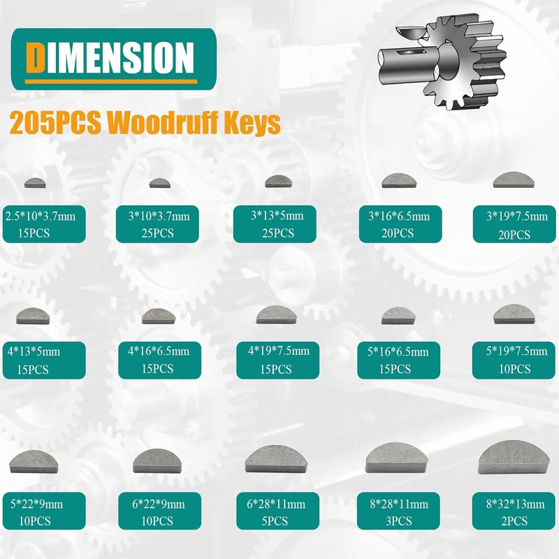 Dekiphox 385pcs Metric Woodruff Key Assortment Kit Popular Sizes Include 205PCS Woodruff Half Moon Keys, 180PCS Round Ended Feather Key for Fasteners Mechanical Industry Crankshaft - Image 2